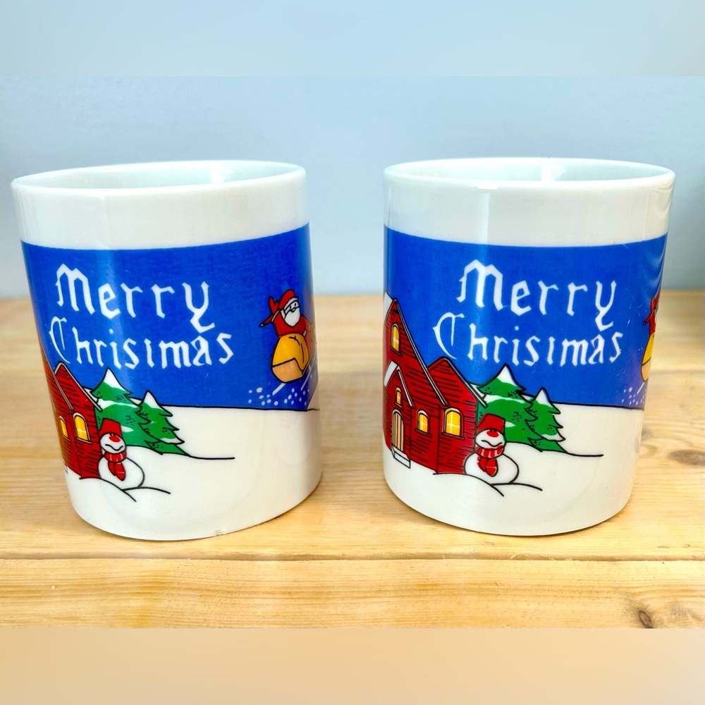 HOLIDAY Coffee Mug Cup Vintage MERRY CHRISTMAS 12 oz. World Bazaars Set of 2